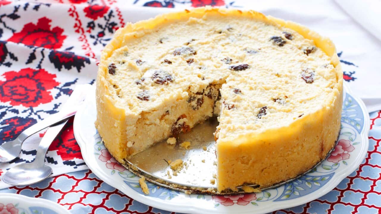 Farm-cheese cake with cherry compote (syrnyk)