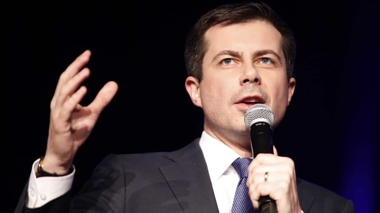 Democratic presidential candidate former South Bend Mayor Pete Buttigieg speaks at the Clark County Democratic Party "Kick-Off to Caucus 2020" event, Saturday, Feb. 15, 2020, in Las Vegas. (AP Photo/John Locher)