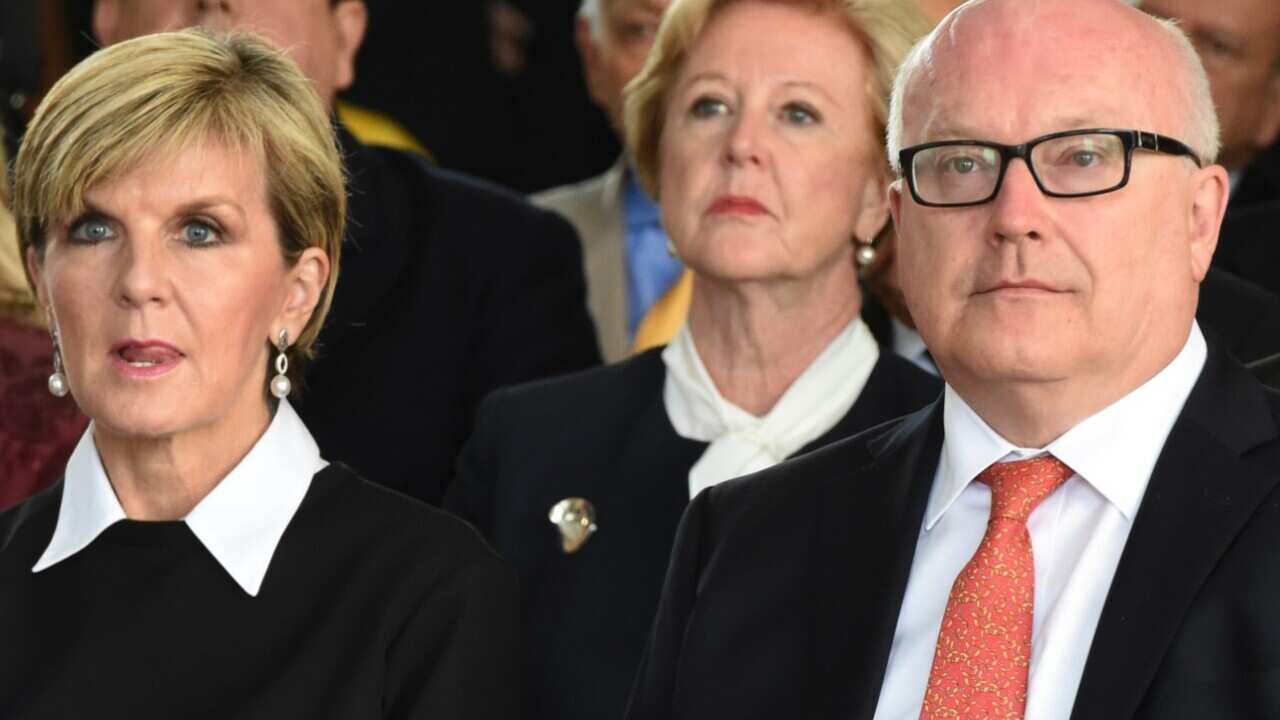 File image of Minister for Foreign Affairs Julie Bishop, Human Rights Commission President Gillian Triggs and Attorney-General George Brandis 