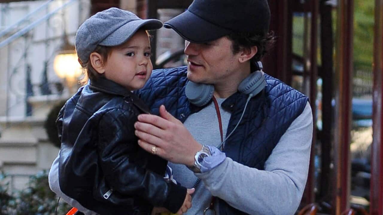 Orlando Bloom and son Flynn in New York.