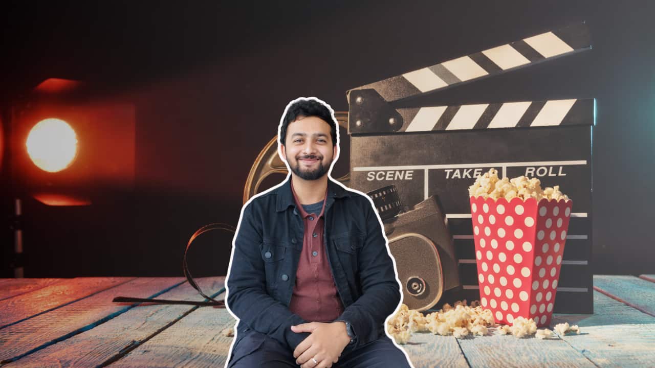 Image of Sanket Gupta, Indian filmmaker, imposed on a background of film, popcorn, and camera