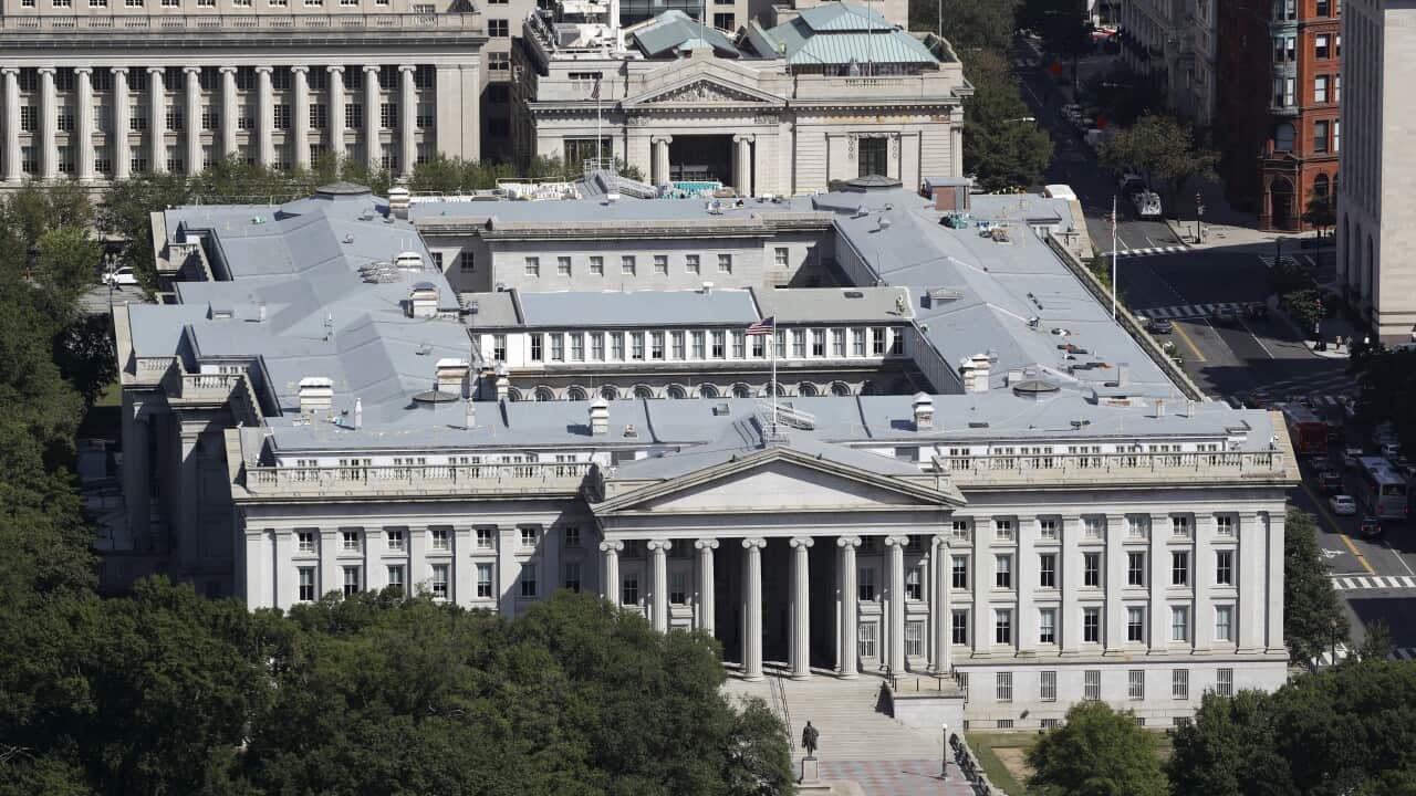 The US Treasury Department building viewed from the Washington Monument.