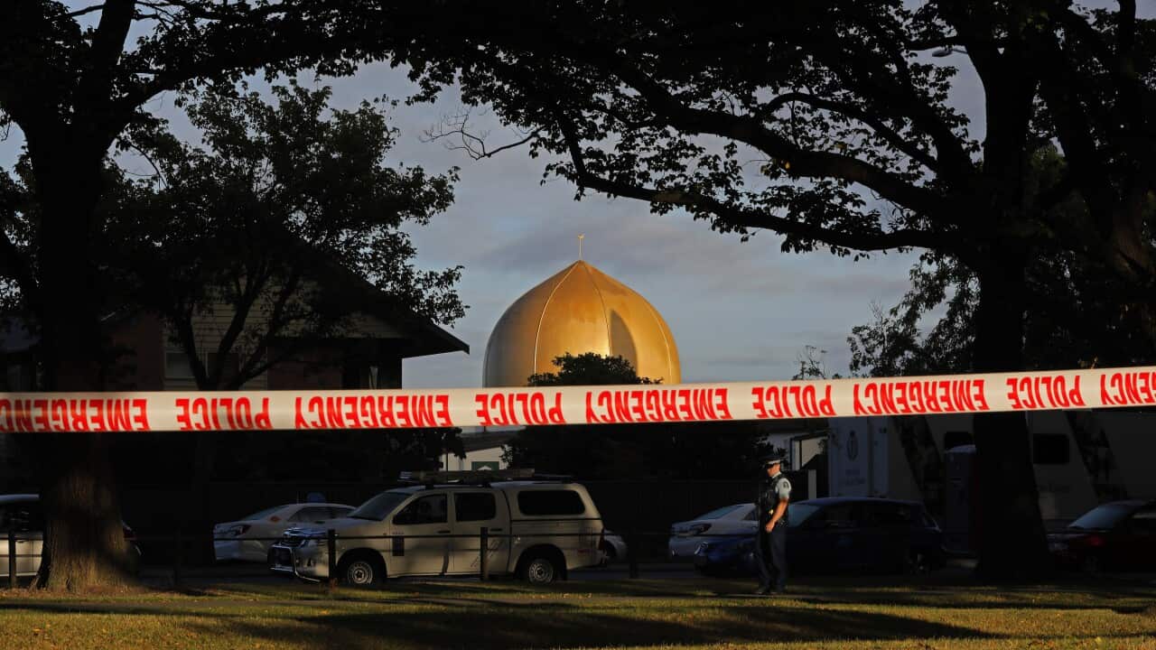 A police officer stands guard in front of the Masjid Al Noor mosque in Christchurch, March 17, 2019