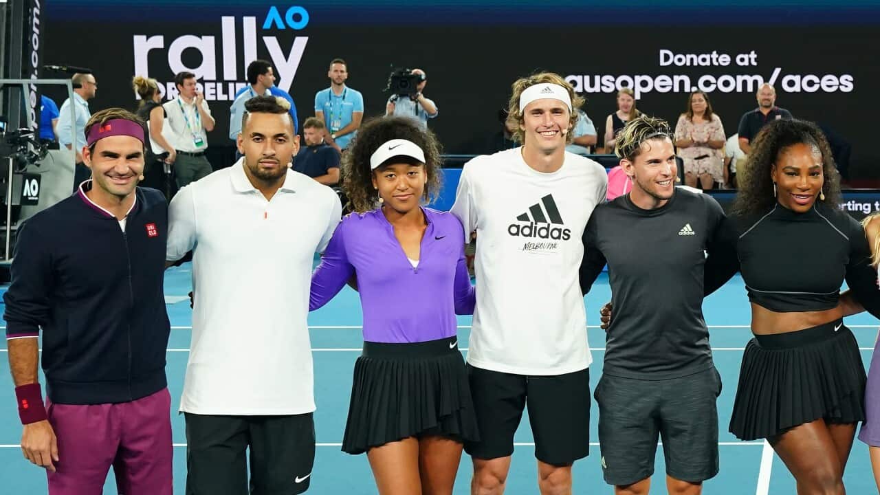 Roger Federer, Nick Kyrgios, Naomi Osaka, Alexander Zverev, Dominic Thiem and Serena Williams during the Rally For Relief at Rod Laver Arena in Melbourne.