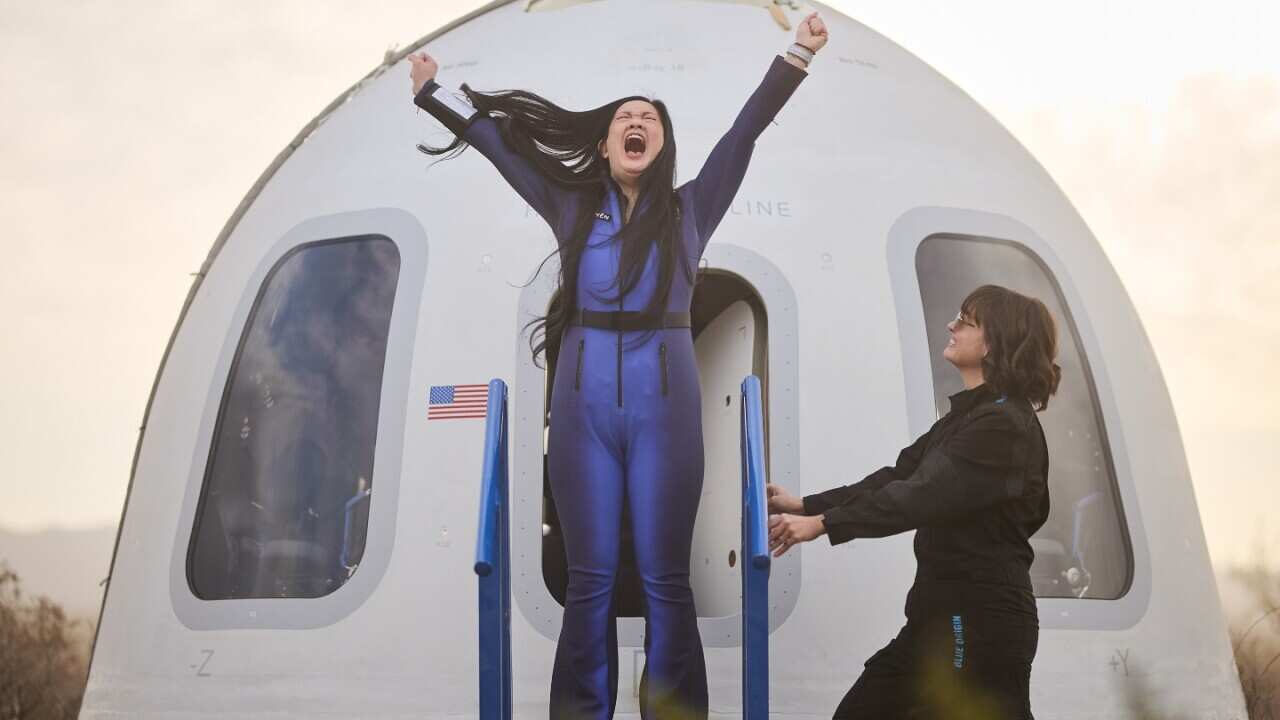 Amanda Nguyen a bioastronautics research scientist and activist, reacting as she exits Blue Origin. 14 April 2025