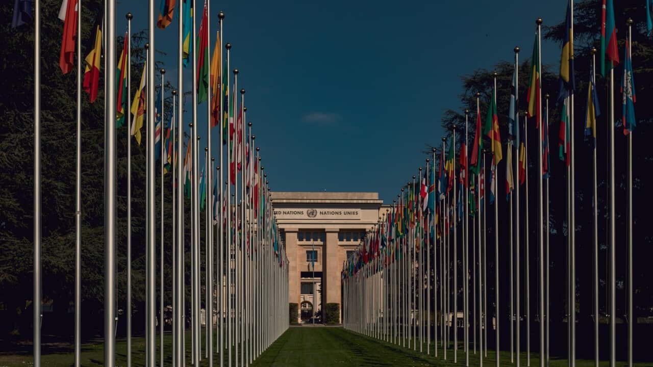 United Nations Palais des Nations Entrance with National Flags