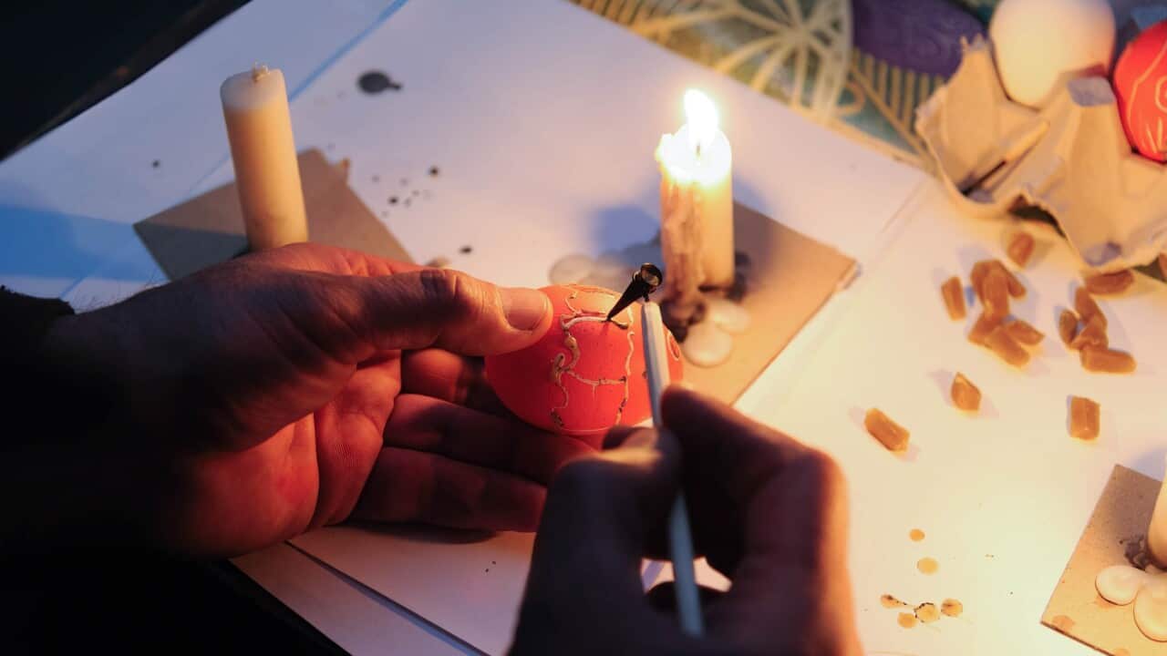 Painting Easter eggs in a bomb shelter