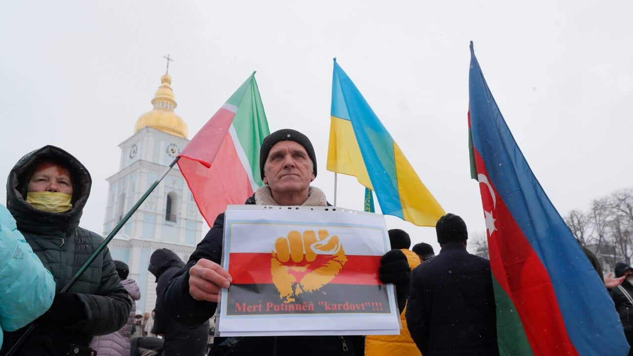 Ukrainians and activists from different counties of the former Soviet Union attend the 'Say No to Putin' rally in downtown Kiev, Ukraine, 10 January, 2022.