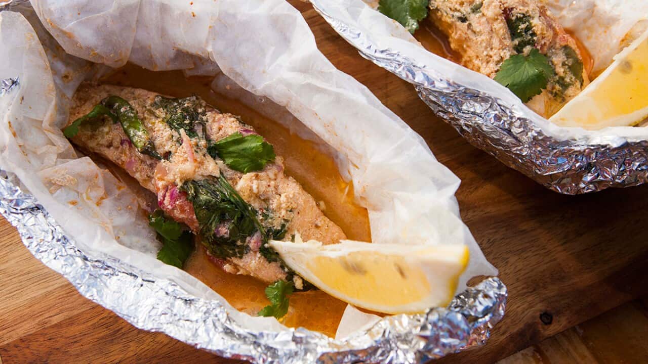 Tandoori grilled salmon parcels