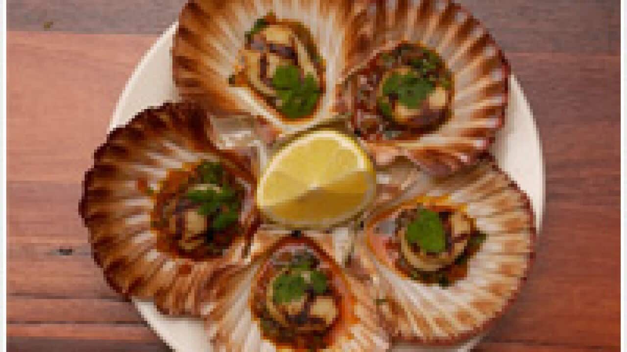 Grilled spring bay scallops with chilli, lemon, jamon and artichoke