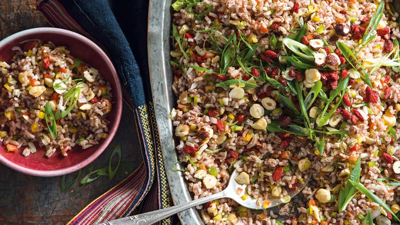Bhutanese red rice, goji berry & hazelnut salad