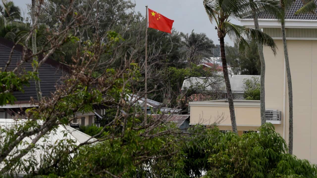 A Chinese flag flies outside the Chinese Embassy in Nuku'alofa, Tonga (AAP)