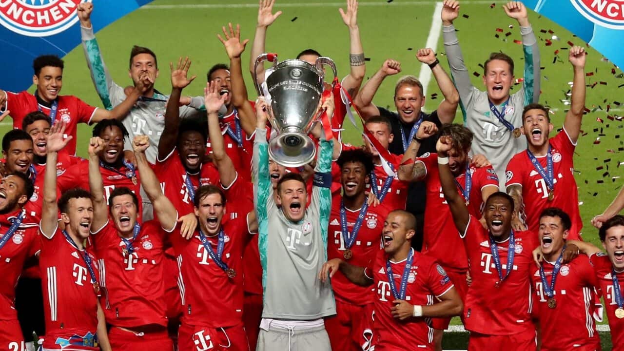 Bayern Munich players celebrate winning UEFA Champions League title versus PSG in Lisbon, 23 August 2020
