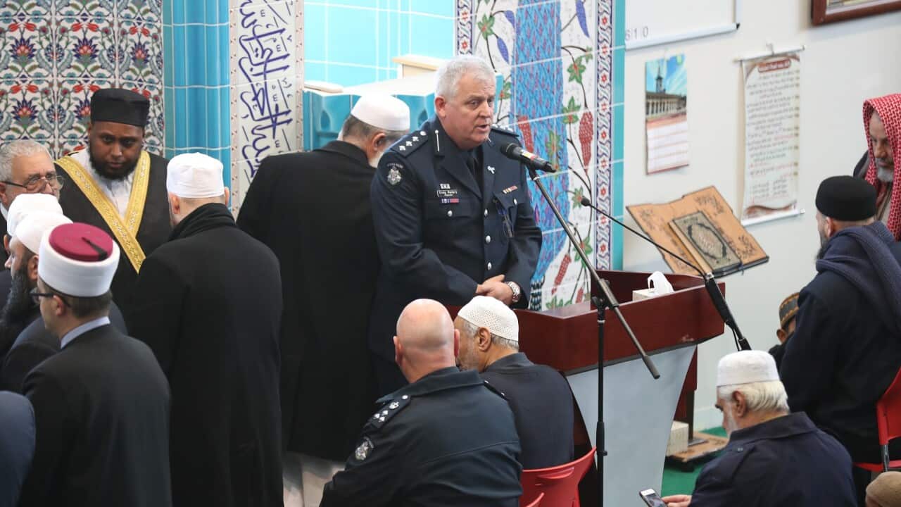 Mourners attend the funeral of Grand Mufti Sheikh Azeem Al-Afifi at the Al-Taqwa Mosque in Trugunina, Melbourne, Thursday, July 12, 2018. Australia's top Islamic leader passed away after a battle with cancer. (AAP Image/David Crosling) NO ARCHIVING