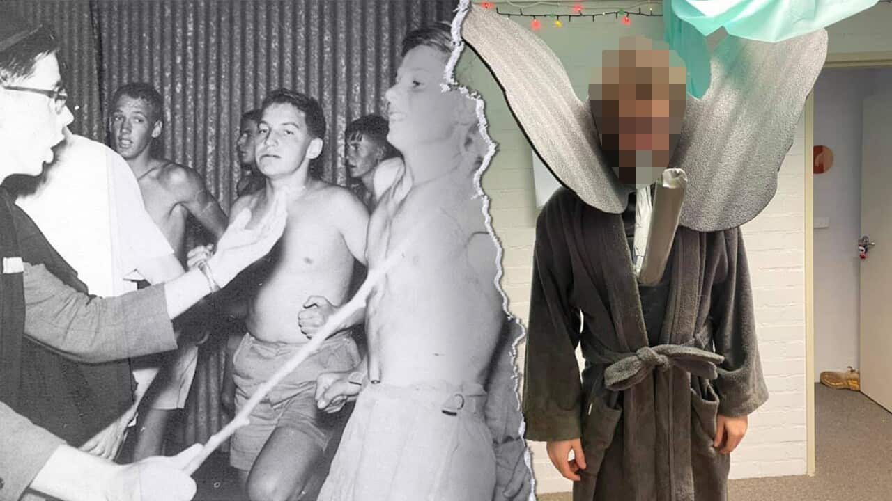 Left image features a young man with glasses waving a stick at a group of shirtless young men. To the right is a man with his face blurred out, dressed in an elephant costume