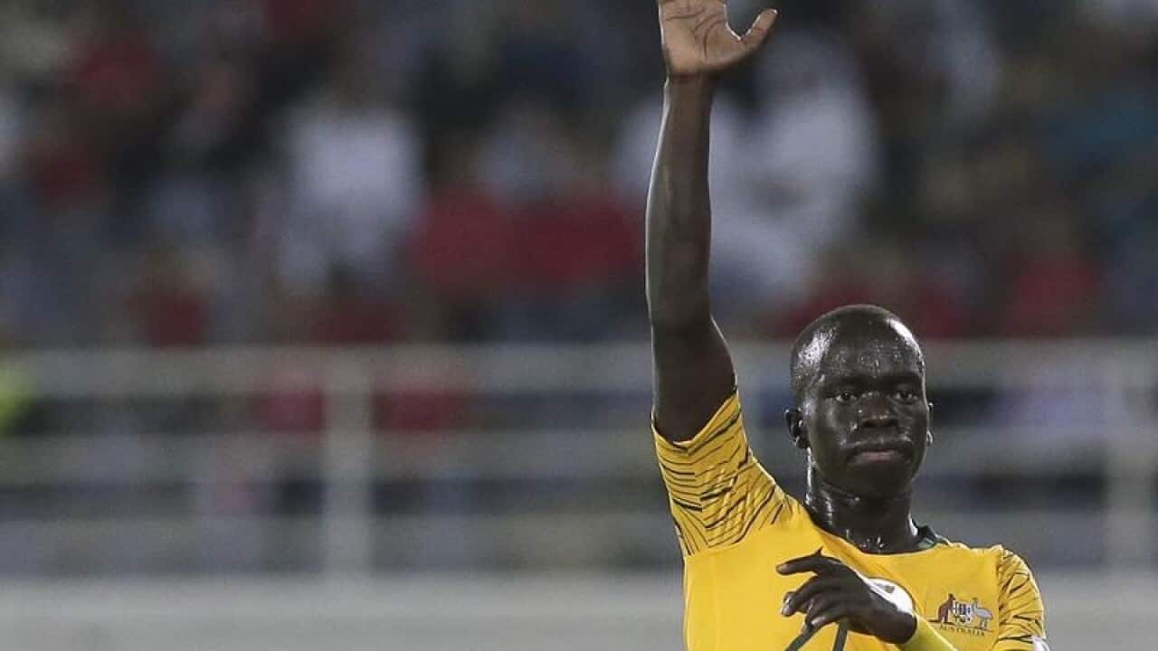 Socceroos midfielder Awer Mabil reacts during an AFC Asian Cup match.