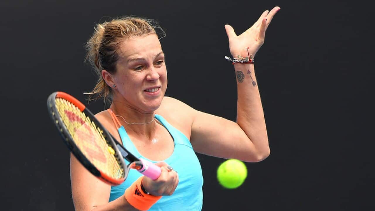 Anastasia Pavlyuchenkova of Russia in action against Natalia Vikhlyantseva of Russia in round 2