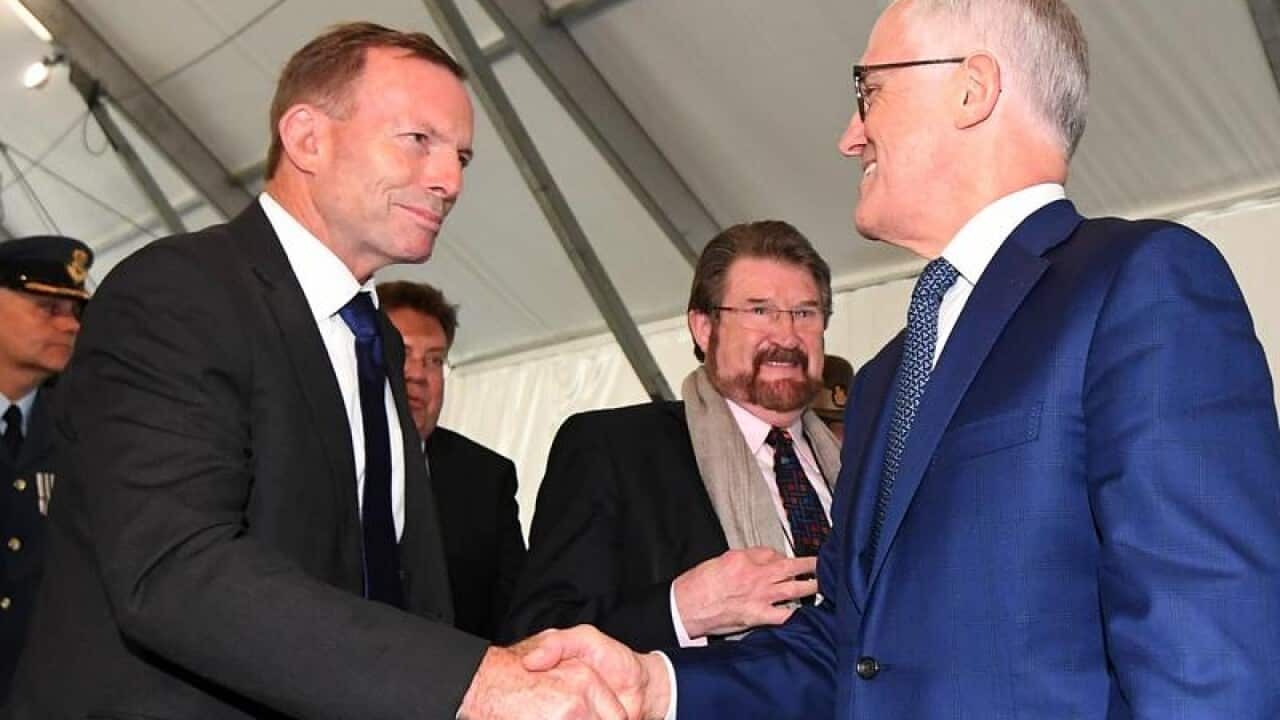 Ex-prime ministers Tony Abbott (L) and Malcolm Turnbull (R)