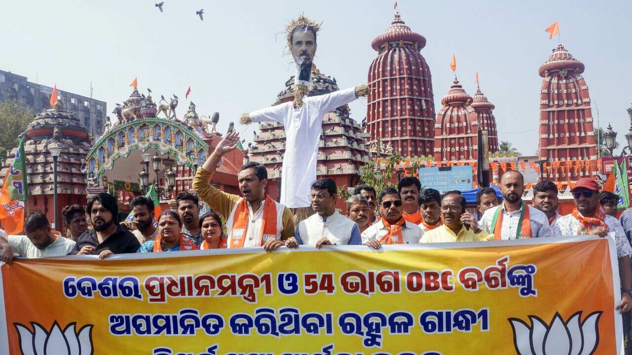 India: Odisha BJP OBC Morcha supporters hold a demonstration against Congress MP Rahul Gandhi