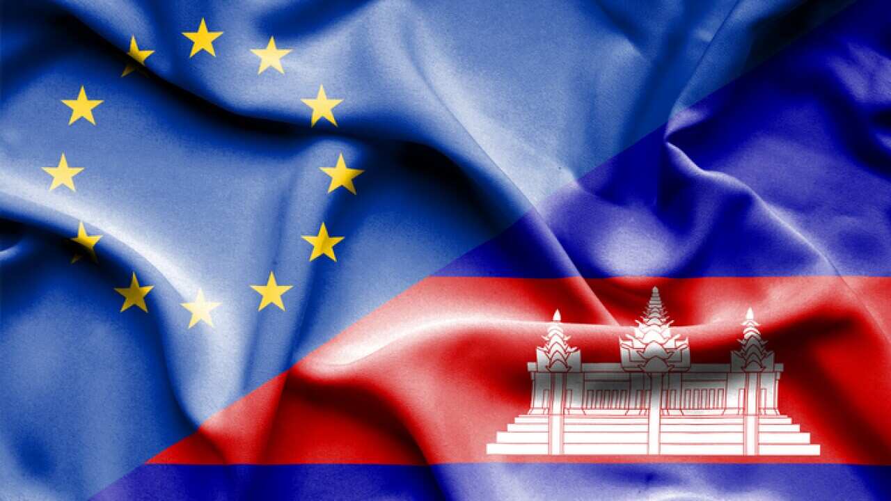 Waving flag of Cambodia and EU