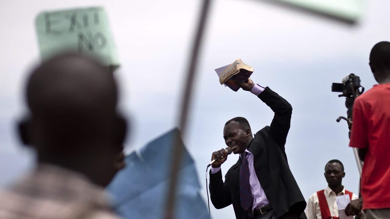A religious leader making an address during a demonstration by Ugandans against homosexuality at Jinja, Kampala. (File: Getty)