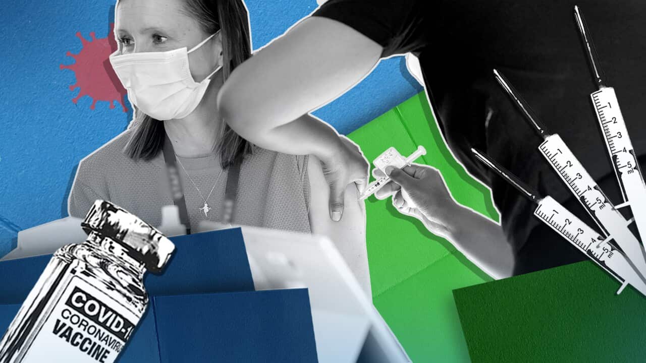 Artwork showing woman getting vaccinated, some needles and a bottle with a label that reads" "COVID-19 Coronavirus Vaccine".