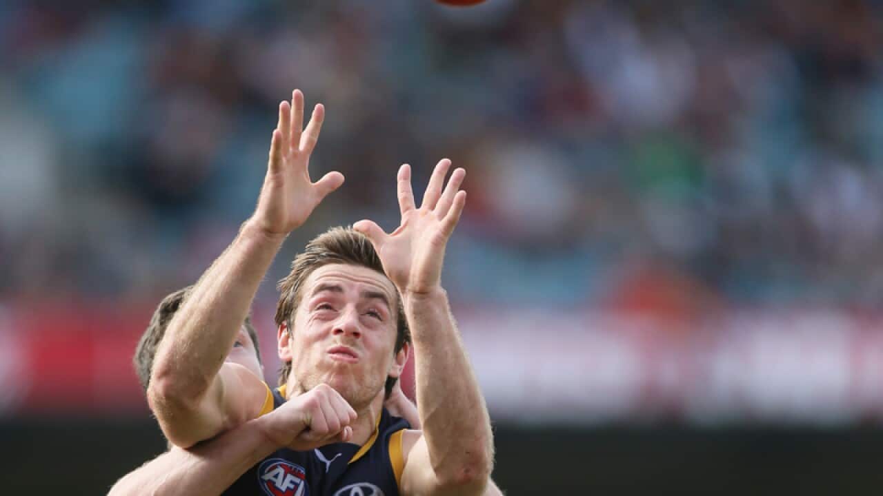 Richard Douglas of the Adelaide Crows leaps high.