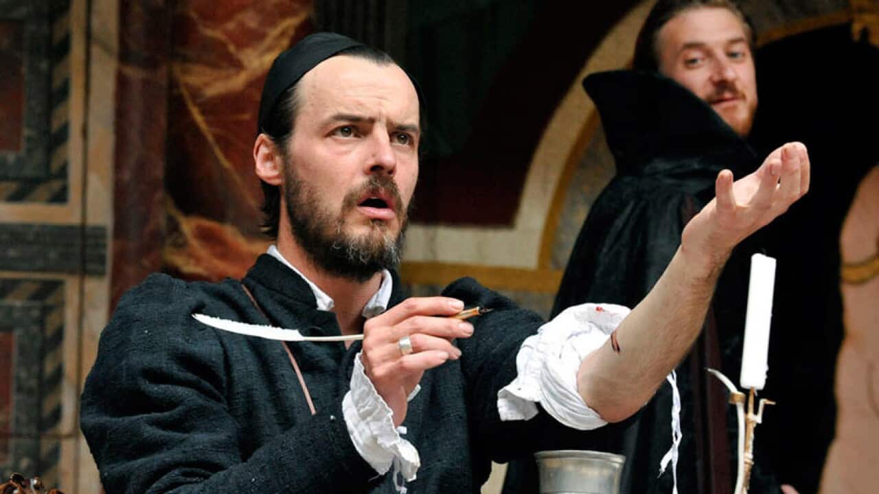 Paul Hilton during a performance of 'Doctor Faustus' at Shakespeare's Globe Theatre in London.
