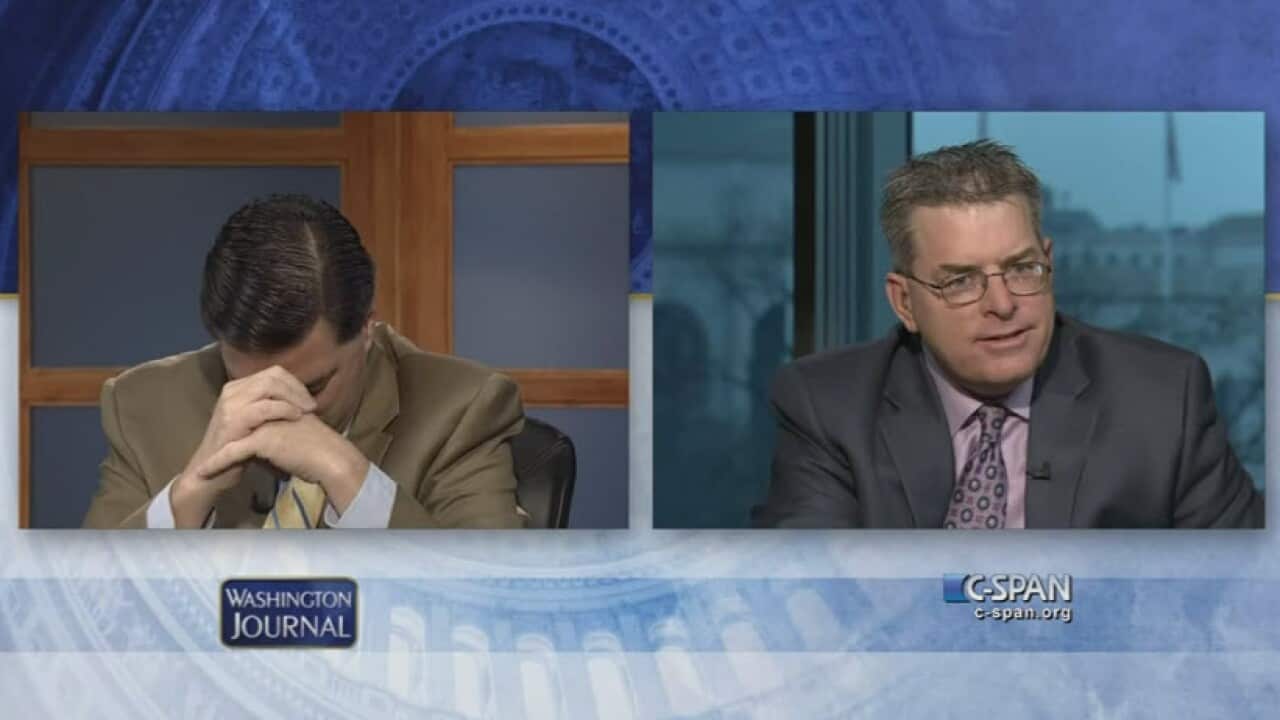 Dallas (L) and Brad (R) Woodhouse were publicly scolded on live TV by their mum while arguing politics. (Screenshot: YouTube)