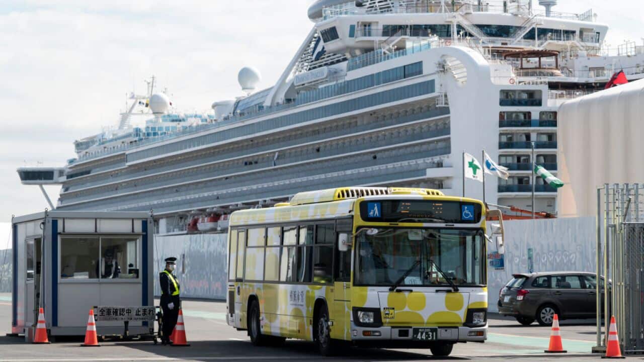 Diamond Princess cruise ship docked in Yokohama, Japan.
