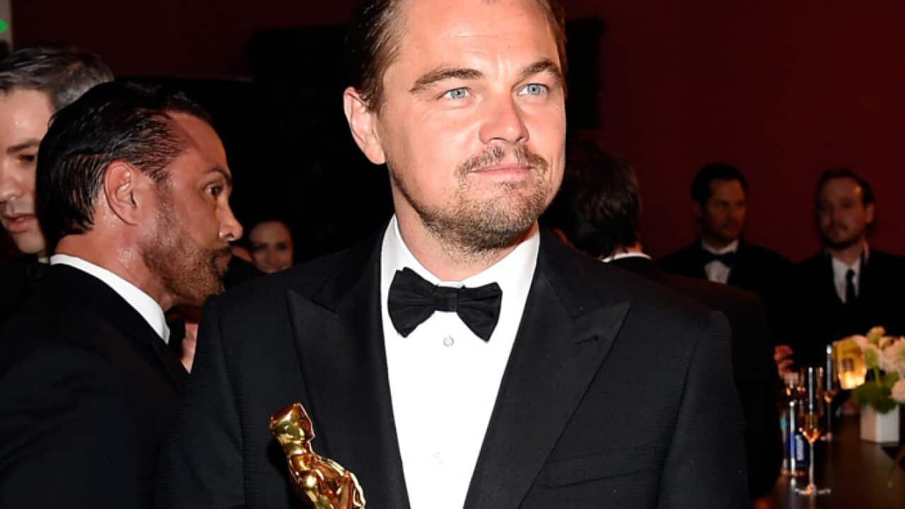 Actor Leonardo DiCaprio, winner of Best Actor for 'The Revenant,' backstage at the 88th Annual Academy Awards. (Getty)