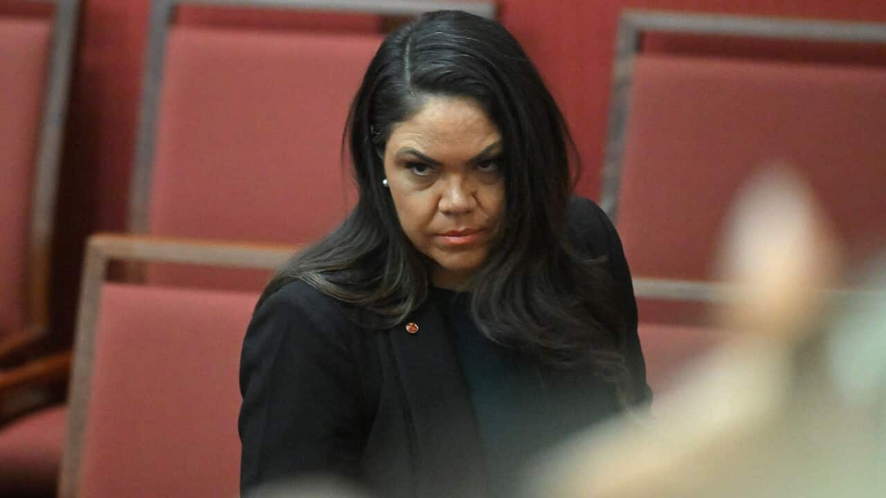 Jacinta Nampijinpa Price delivers a piercing stare in the Senate chamber.