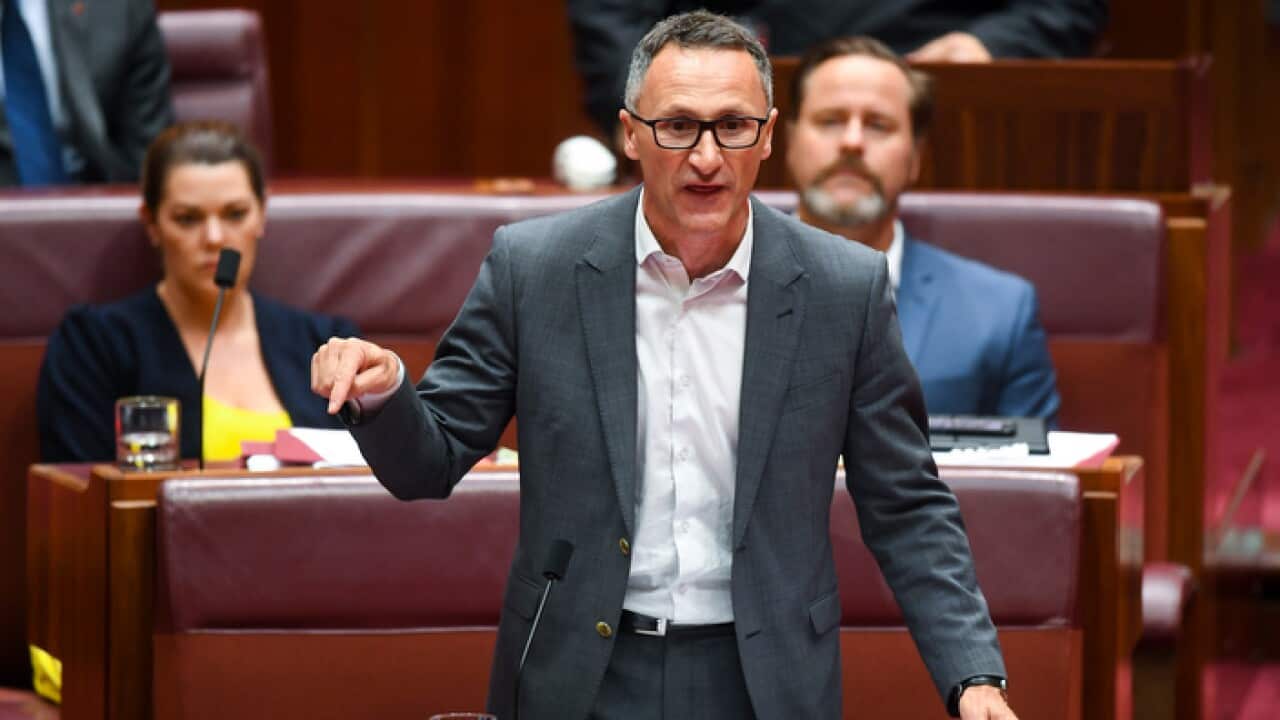 Australian Greens leader Richard Di Natale speaks during debate on the Medical Evacuation Bill in the Senate chamber at Parliament House in Canberra, Thursday, December 06, 2018. (AAP Image/Lukas Coch) NO ARCHIVING