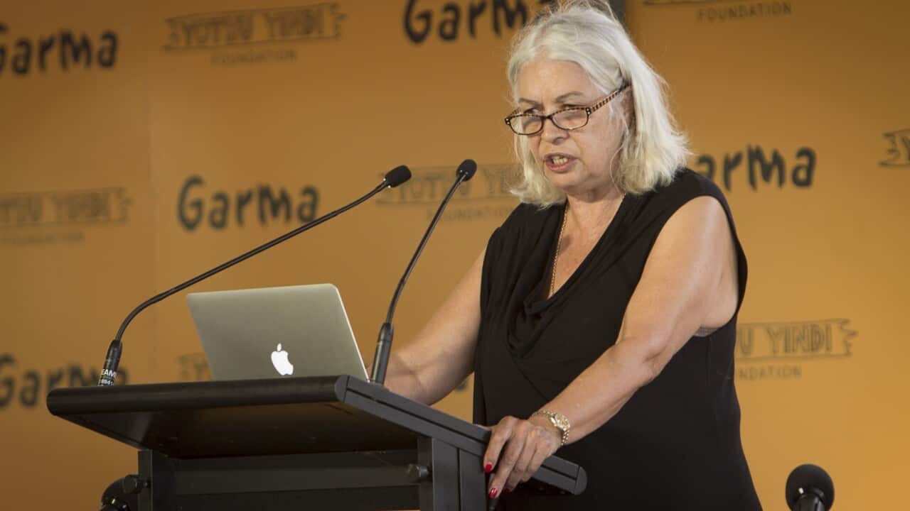 Professor Marcia Langton speaking at the Garma Festival key forum in north-eastern Arnhem Land in 2014. (AAP IMAGE/YOTHU YINDI FOUNDATION)