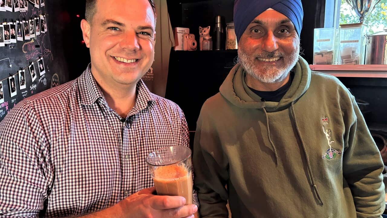 Former Australian Army engineer Bill with cafe founder and veteran Amarjit Singh Thind, at an Ambi's Chia bar. (SBS-Sandra Fulloon).jpg