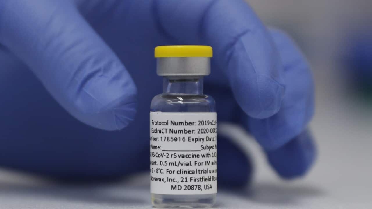 A vial of the Phase 3 Novavax coronavirus vaccine is seen ready for use in the trial at St. George's University hospital in London