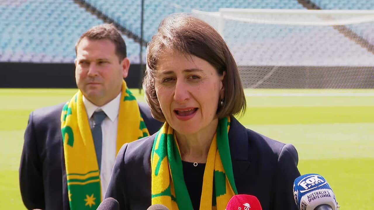 NSW Premier Gladys Berejiklian at the announcement of the Womens World Cup host cities (SBS)