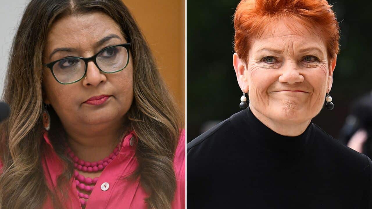 A split image of Greens Senator Mehreen Faruqi and Senator Pauline Hanson.