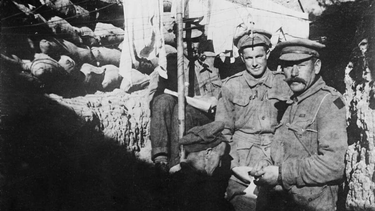 A group of Australian officers of the 21st Battalion with their washing in a trench at Lone Pine on the Gallipoli Peninsula three days before the evacuation