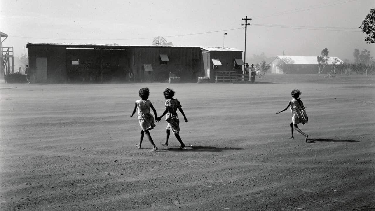 Three young girls crossing the flats during a mild dust storm, Lajamanu, 1958. Photo: W Pederson, National Archives of Australia NAA