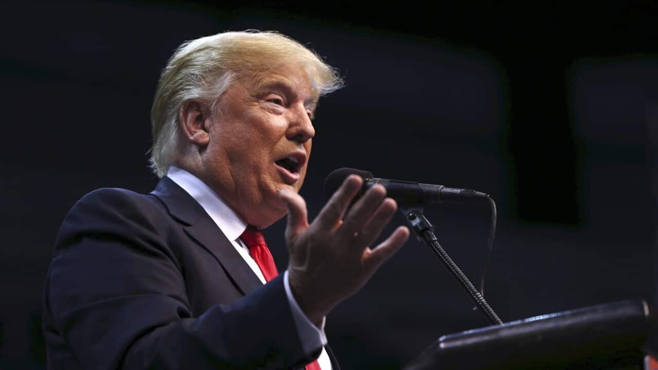 Republican presidential candidate Donald Trump speaks at a campaign rally on Monday.