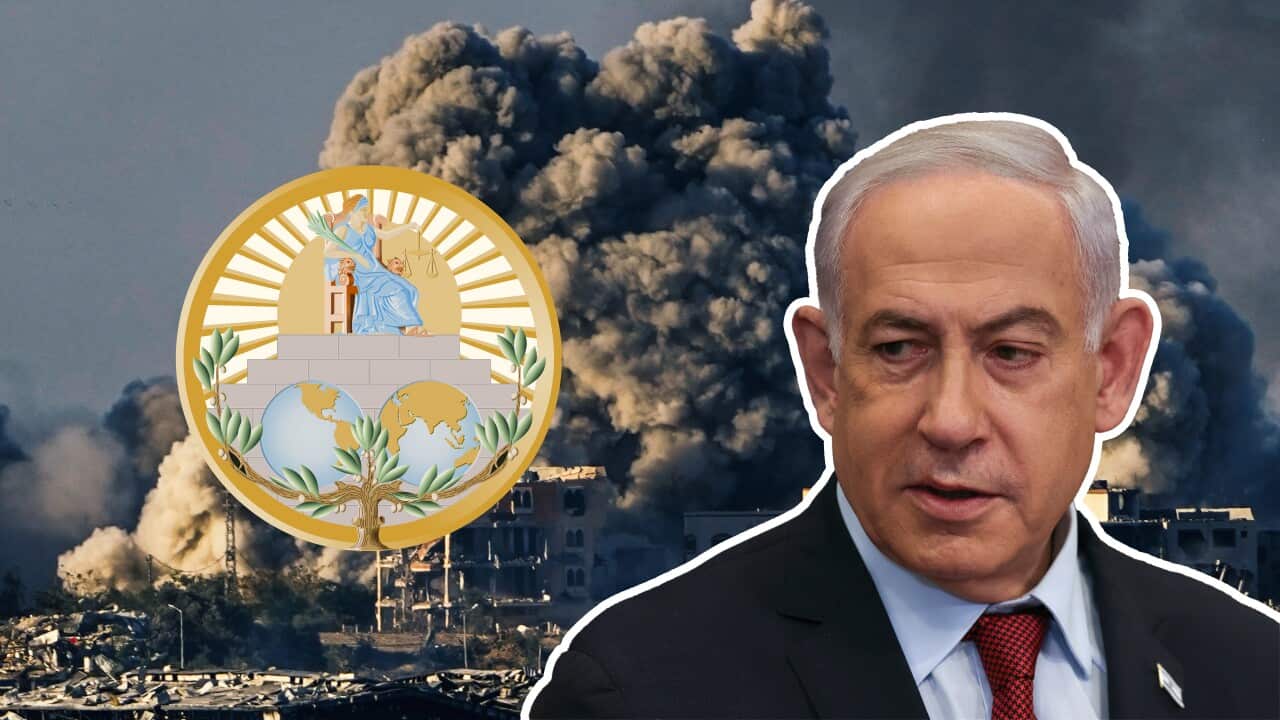 Benjamin Netanyahu superimposed over a bombing of Gaza and the International Court of Justice logo.