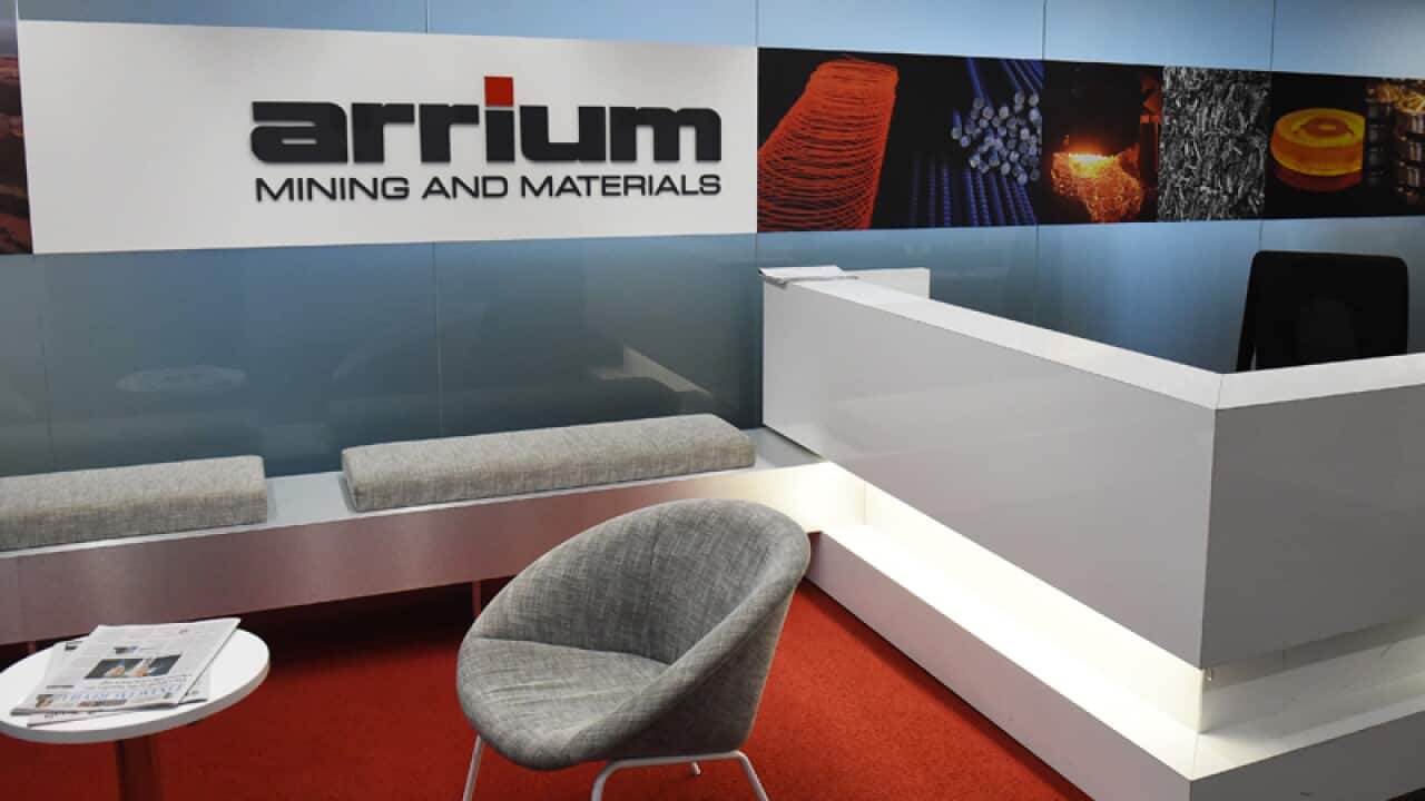The signage is seen at the head office of steelmaker Arrium in Sydney