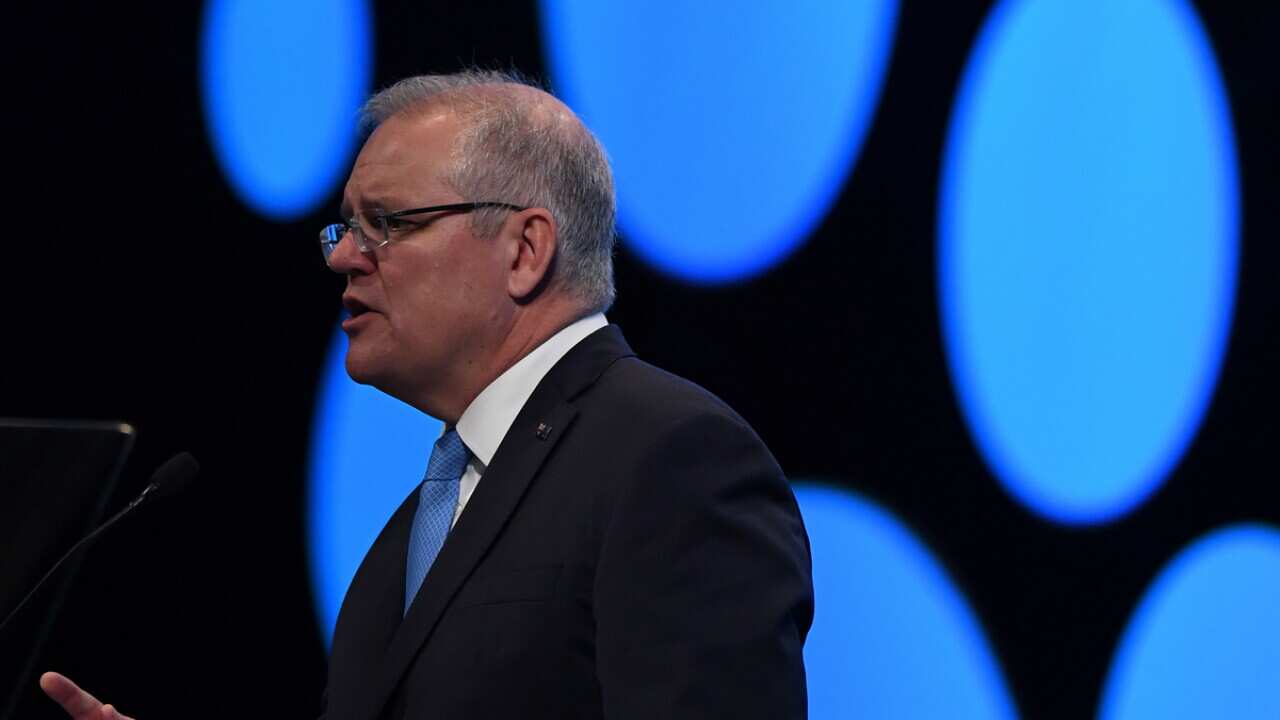Prime Minister Scott Morrison speaks during the Australian Financial Review (AFR) summit, Investing for Growth, at the Hilton Hotel in Sydney, Tuesday, March 10, 2020. (AAP Image/Dean Lewins) NO ARCHIVING