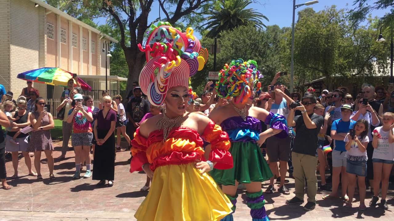 Drag queens perform in the centre of Alice Springs