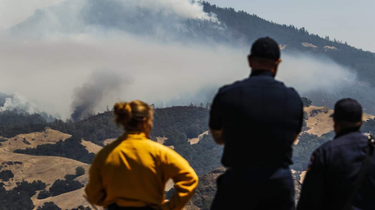 Firefighters with Cal Fire watch a wildfire burn