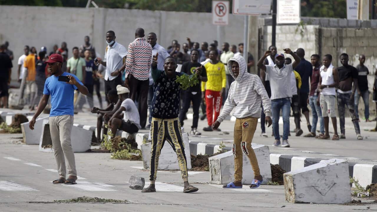 People protest at the Lekki toll gate in Lagos, Nigeria