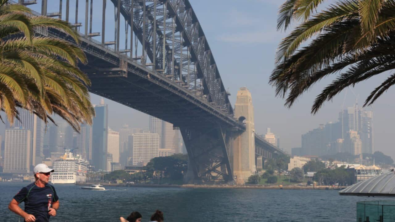 Smoke covers the Sydney city skyline