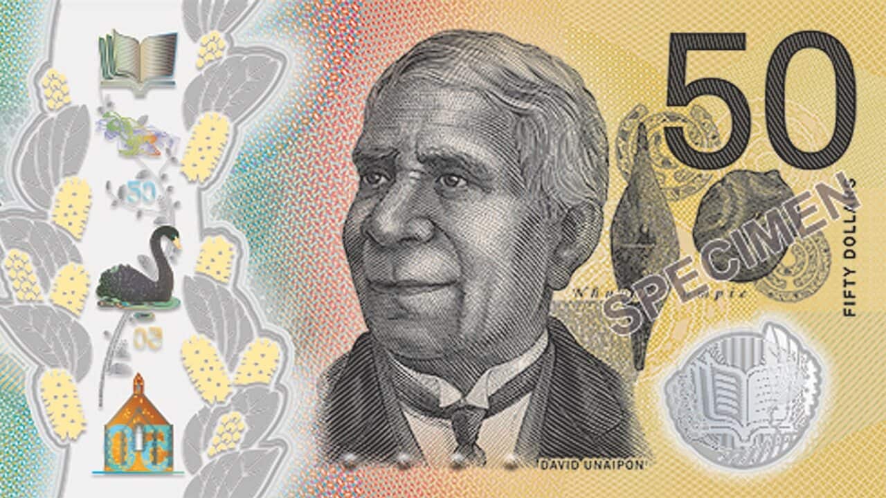 A portrait of David Unaipon, an inventor and Australia's first published Aboriginal author, on the new $50 bank note.