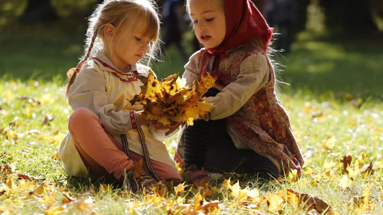 Children play with autumn leaves in Belarus